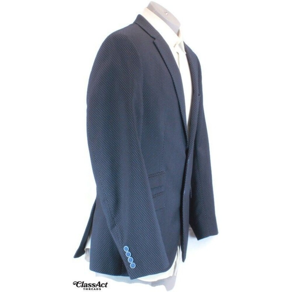 CALVIN KLEIN Mens Black Blue Dots Blazer Sport Coat 2 Btn Stretch 44R